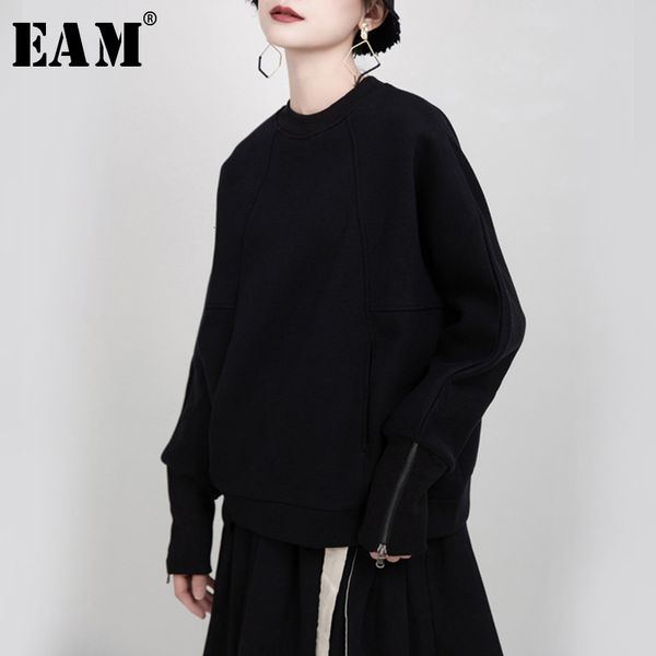 

eam] сыпучего fit черной манжета zipper split крупногабаритной толстовка нового раунд шея длинного рукав женщина большого размер мода весна, Black