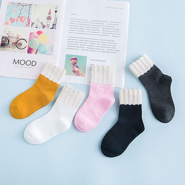 

5pairs/lot flanging kids socks spring autumn winter cotton socks for girls trendy mid calf socks assorted color, Pink;yellow
