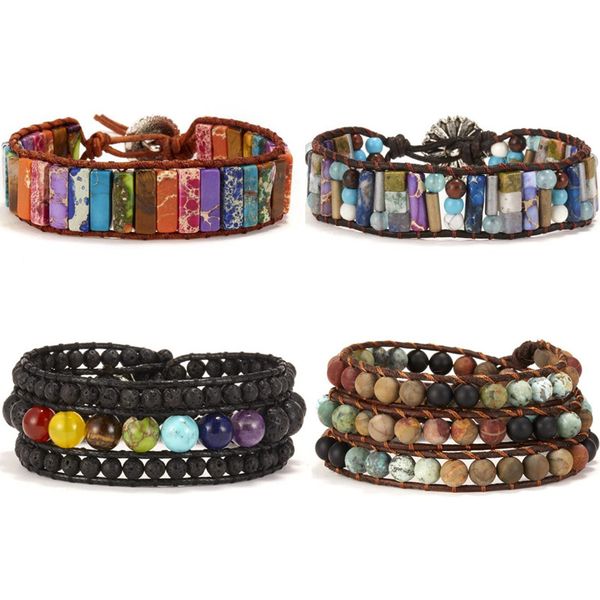 

diezi drop shipping 8 style natural beads stone wrap bracelet jewelry bangle for women men handmade 7 chakra leather bracelet, Golden;silver