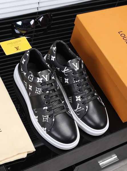 

new style high-end luxury men's casual sports shoes fashion design brand platform leather upper classic retro pattern hrew, Black