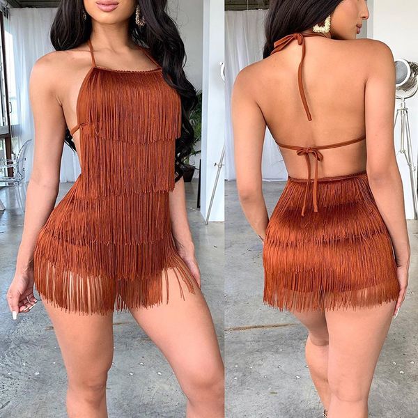 

spaghetti strap mini tassel jumpsuit halter backless nightclub party playsuit summer jumpsuit women rompers 2020, Black;white