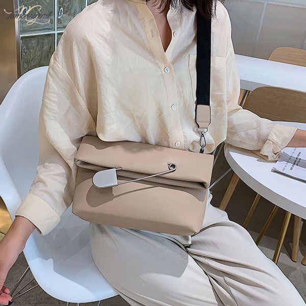 

pu leather crossbody bags for women personality big brooch wide strap womens shoulder bags ladies large capacity messenger bag