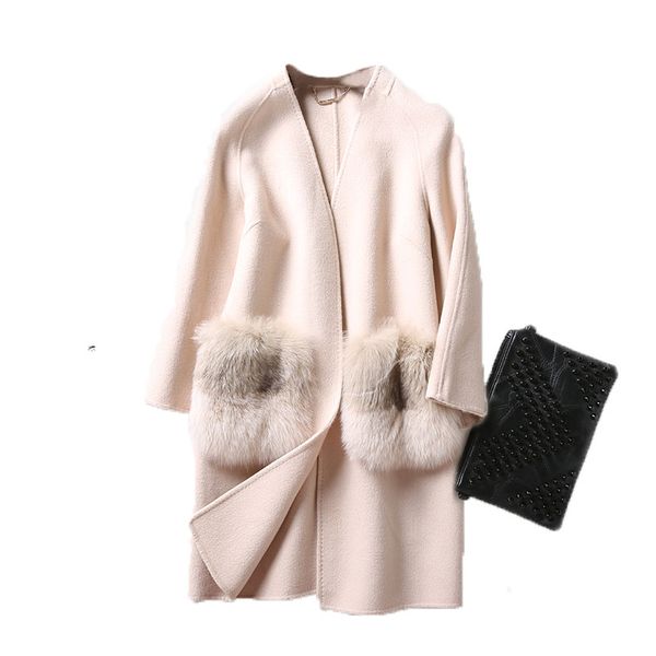

women's fur & faux real coat 100% double-sided wool jacket winter women clothes 2021 pocket korean elegant long zt571, Black