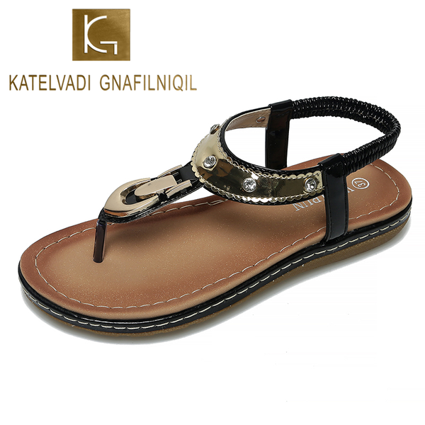 

katelvadi summer new sandals bohemia women metal decoration woman flip flops vintage women shoes beach rld0018, Black