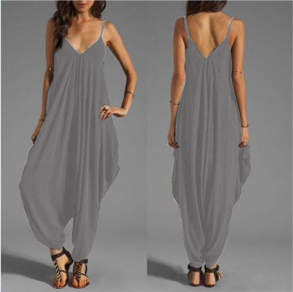 

2019 summer women's solid harem romper ankle-length pants one-piece playsuit strap deep v-neck jumpsuits plus size, Black;white