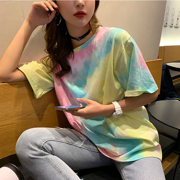

tie dye gradient large size loose oversize fashion harajuku female print hip hop short sleeve casual couple t-shirt, White