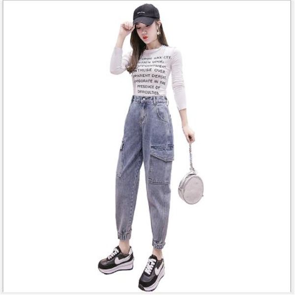 

stylish women jeans autumn overalls denim pants lady 2019 high waist loose pants with big pockets zipper casual jeans lady h275, Blue