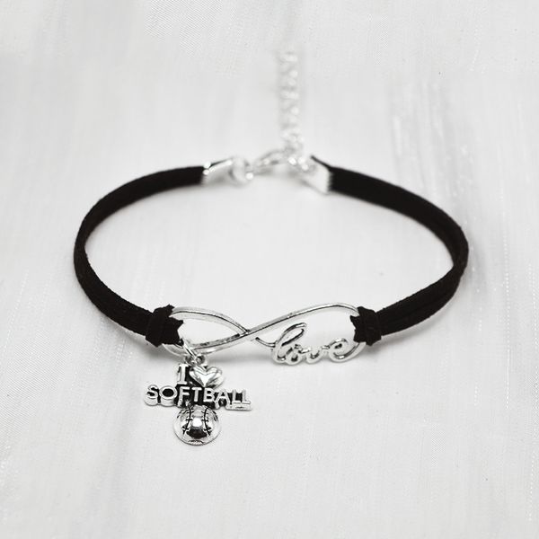 

creative black single layer leather suede bracelets bangles women men pulseira infinity love softball pendant jewelry fashion gifts pulseras, Golden;silver