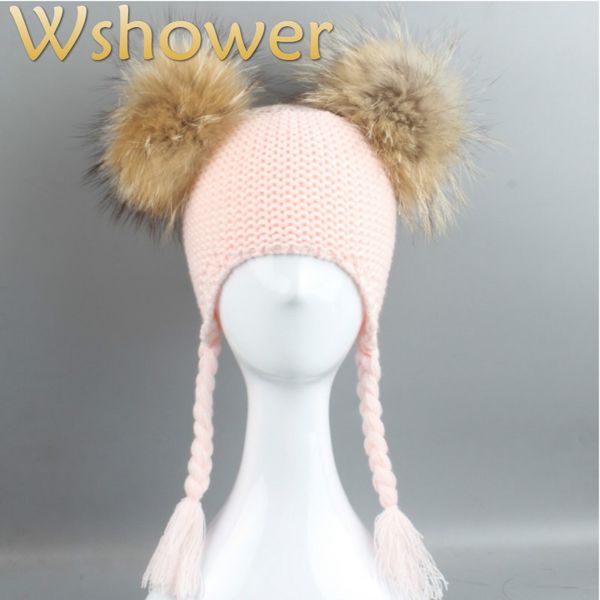 

which in shower two real natural raccoon fur pom pom children winter hat kids double fur pompom ball skullies beanies for girl