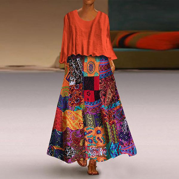 

plus size women vintage ethnic print maxi dress autumn long sleeve floral sundress casual retro party vestido robe 2 pieces sets, Black;gray