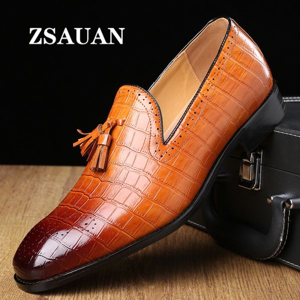

zsauan big size 37-48 men brogue british dress shoes male gentleman leather slip-on flats men loafers crocodile pattern tassel, Black