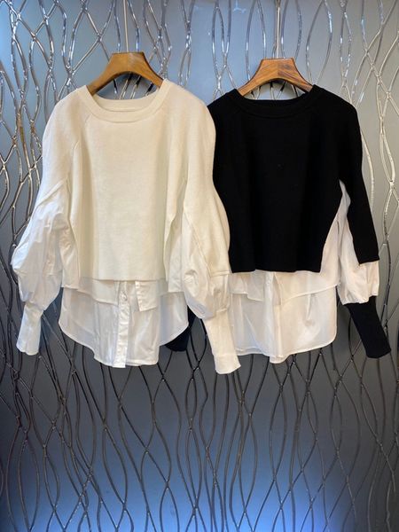 

early spring 2020 new women's round neck color matching panel decoration long sleeve versatile loose 1128, White