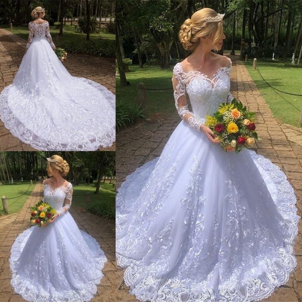 

amazing lace a line wedding dresses 2020 summer sheer long sleeves lace appliques bridal gowns zipper back sweep train wedding vestidos, White
