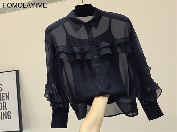 

fomolayime spring blouses 2019 women black shirts, White
