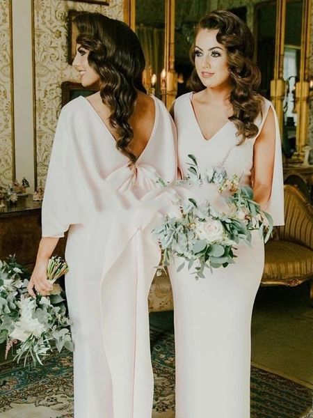 

Arabic Latest Mermaid Bridesmaid Dresses 2020 V Neck Backless Floor Length Bow Garden Country Wedding Guest Gowns Maid of Honor Dress, White;pink