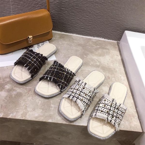 

female shoes slippers flat slides fashion low 2020 soft luxury rome pu fabric rubber hoof heels basic female shoes womens, Black