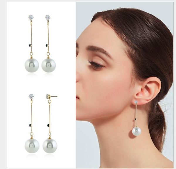 

long zircon pearl earrings with simple temperament, Golden;silver