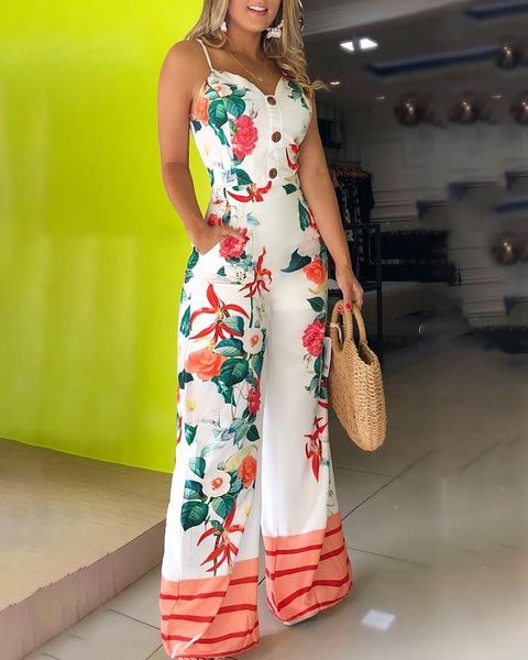 

buttons design floral print jumpsuits women summer wide leg long pants overalls long jumpsuit rompers, Black;white