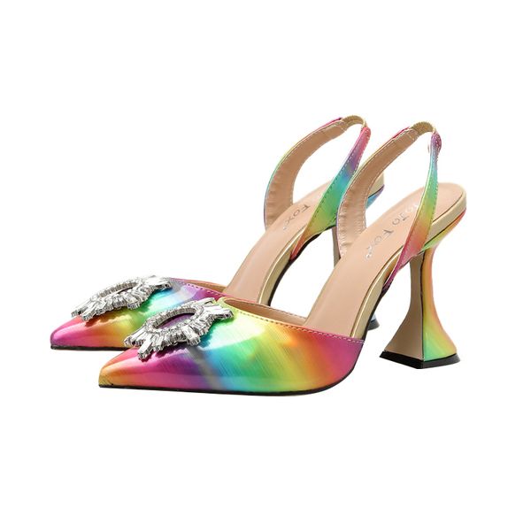 

2020 new summer womens shoes rainbow sun flower pointed high heels womens sandals color matching sandals big size shoe, Black