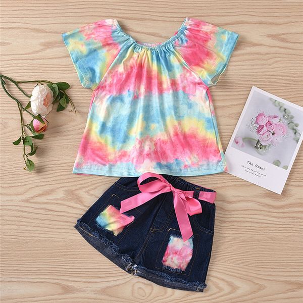 

summer 2 pieces toddler kids clothes set baby girl outfits off shoulder rainbows bow jeans denim shorts baby sets, White