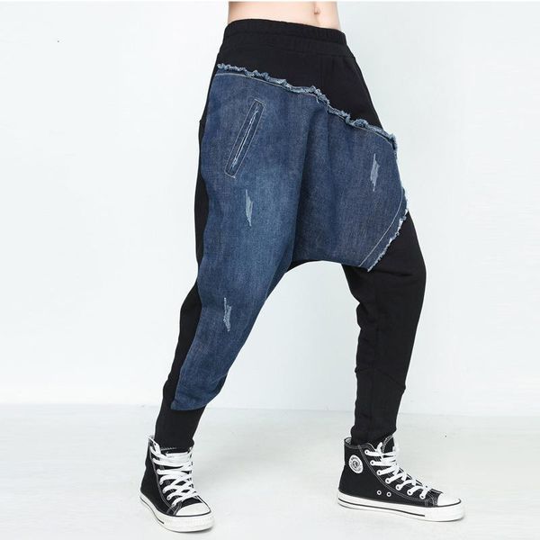 

lanmrem] 2019 осень новая мода длинные длина талия джинсовой лоскутная карманы hip hop сыпучие перекрестные брюки женщины ac098, Blue