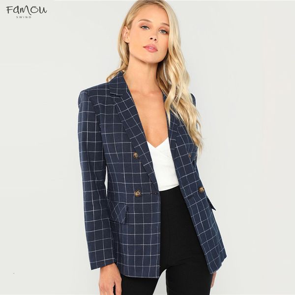 

Navy Cotton Office Lady Elegant Neck Plaid Double Breasted Blazer Women Notched Pocket Autumn Minimalist Coat Outerwear