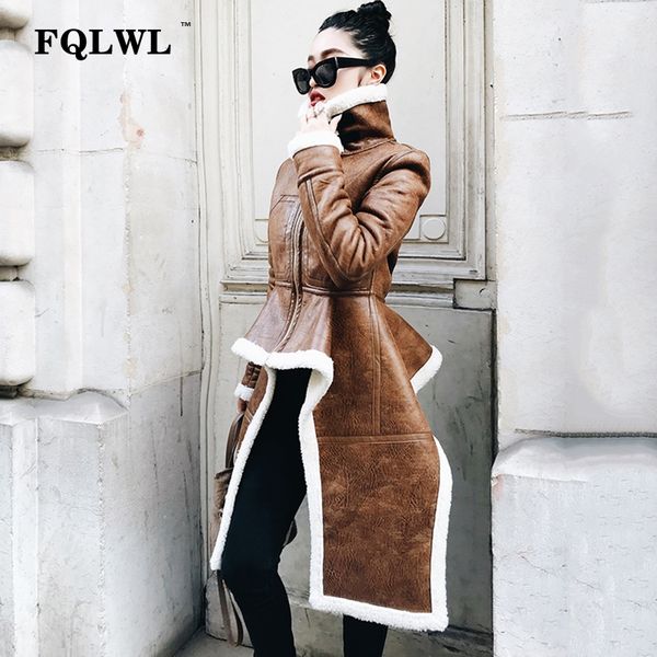 

fqlwl irregular fleece pu leather coats women long sleeve zipper stand collar lamb wool thick women fur coat winter overcoats, Black;brown
