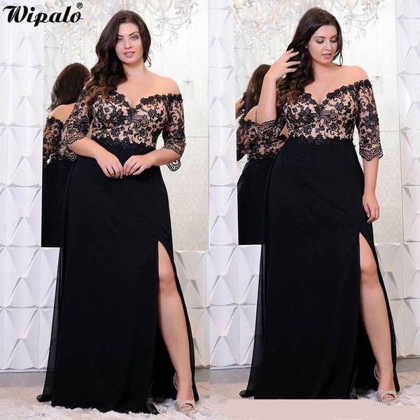 Wipalo Plus Size Applique in pizzo Abito lungo al pavimento Donna Elegante con spalle scoperte Maniche a 3/4 Abito a trapezio Vestido Abiti da festa Y19073101