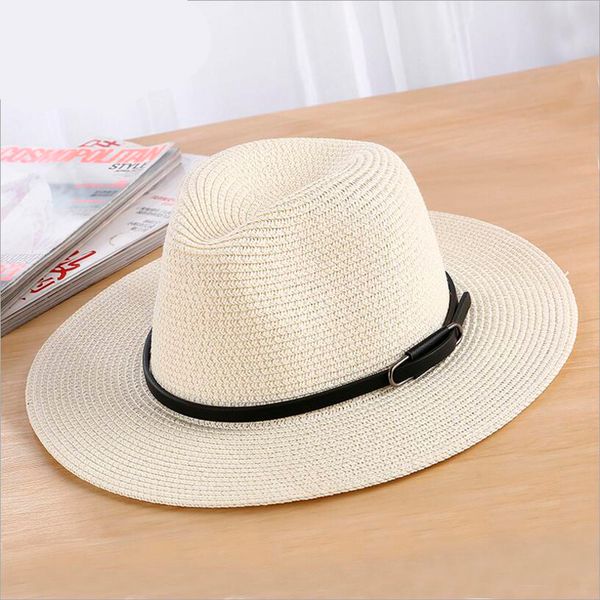 

summer hats for women men straw sun hat wide brim belt buckle beach panama jazz hat female male sunhat chapeau femme, Blue;gray