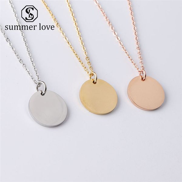 

minimalist jewelry clavicle round coin pendant necklace for women gold silver stainless steel chain dog tag collares necklaces customize diy