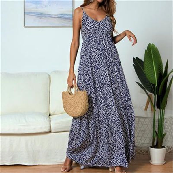 

women boho beach summer floral maxi dress elegant sleeveless v-neck strap holiday vacation sundress summer evening party flower long dress, Black;gray