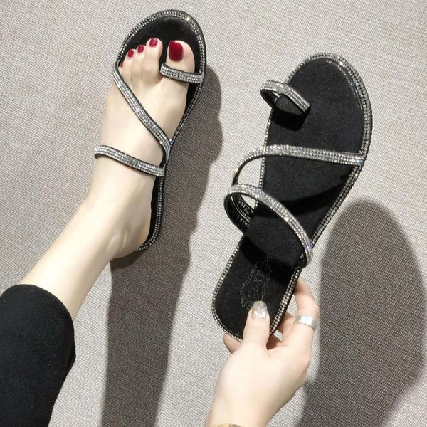 

clip toe slippers crystal summer shoes woman flats narrow band slides brief casual anti-skid beach flipflops femme zapatos mujer, Black