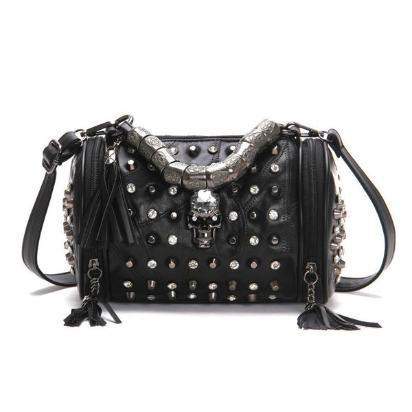 

new women shoulder bags genuine leather tassels skull hand bag ladies rock rivet punk crossbody bags black messenger travel bag