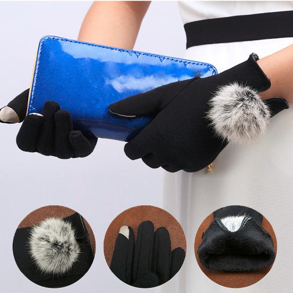 

women winter elegant cotton gloves real rabbit fur pompom cotton glove touch screen driver' gloves mittens, Blue;gray
