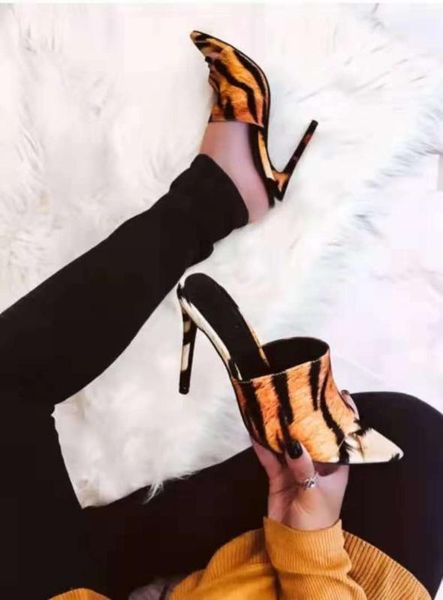 

shoes woman 2020 slippers heels slipers women pointed toe high new leopard pu rome slides leopard horsehair hoof high-heeled, Black