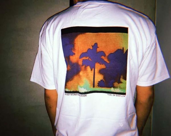 

дизайнер стус топ дизайнерская мужская футболки fire вавилону tees кокосовое дерево пламени вокруг шеи мужчины и женщины футболки бесплатная, White;black