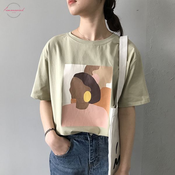 

fanco vintage abstract painting summer women t shirt short sleeved korean style thin round neck tee shirt, White