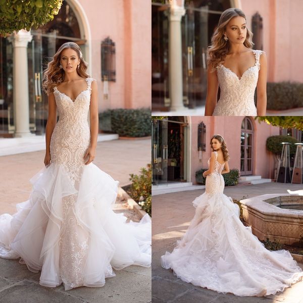 

2020 mermaid wedding dresses v neck lace appliques beads beach bridal gowns custom made backless sweep train robe de mariee, White
