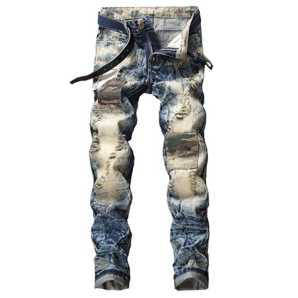 

men stylish ripped biker jeans 2019 fashion spring skinny slim hole frayed straight denim pants plus size g3p2, Blue