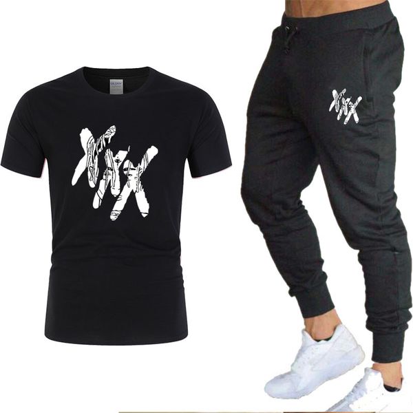 

men loose sports suit t-shirt + pants men and women two-piece sportswear new fashion printed suit sportswear gym fitness pants, Gray