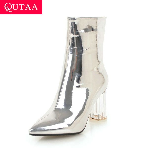 

qutaa 2020 pointed toe zipper ankle boots pu patent leather fashion square high heel concise women shoes big size 34-43, Black