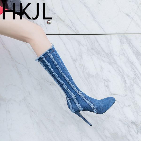 

hkjl 2019 shoes woman denim face side zip high heel boots stiletto middle tube cuffed women's boots women\x27s z037, Black