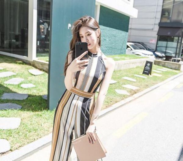 

summer new korean women's fashion suit temperament slim thin striped chiffon jumpsuit trend, Black;white