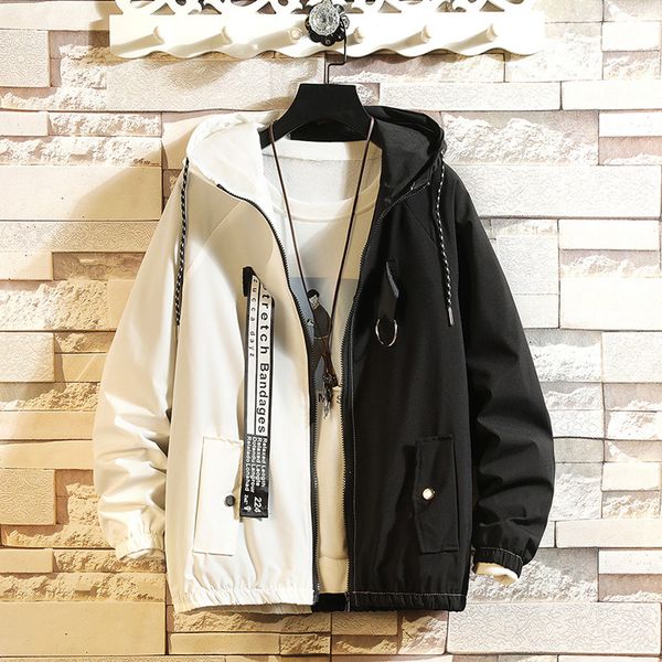 

men's autumn casual fashion color collision hoodie thin jacket zipper coat causal worn hole coat outwear male plus size 8.1, Black;brown