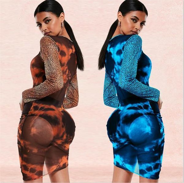 

panelled perspective slim asymmetrical skirt long sleeved bodycon fashion women party dresses tie dyeing women dresses mesh leopard, Black;gray