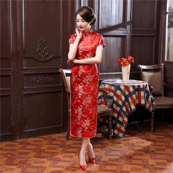 

chinese traditional costumes cheongsam women slim dress cheongsam tang suit phoenix print split dress kimono 17 colors, Red
