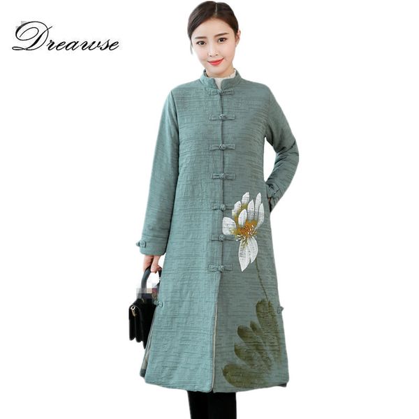 

dreawse chinese style cotton and linen hand-painted padded cotton thick warm long coat winter literature retro women coat mz3306, Black