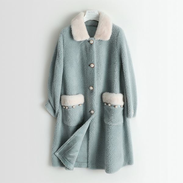

real fur coat female autumn winter collar clothes 2020 korean long sheep shearing jacket women 100% wool hiver 1957, Black
