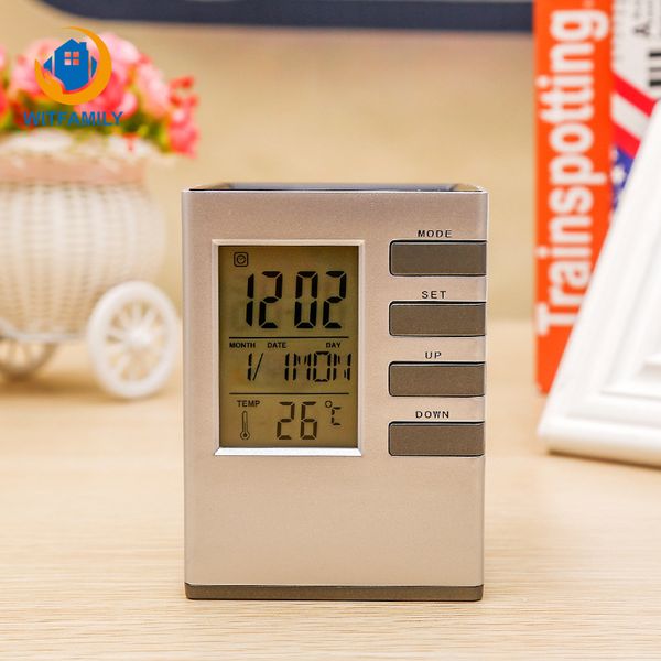 

creative pen holder calendar alarm clock control backlight office supplies lcd digital electronic clock deskdecoration