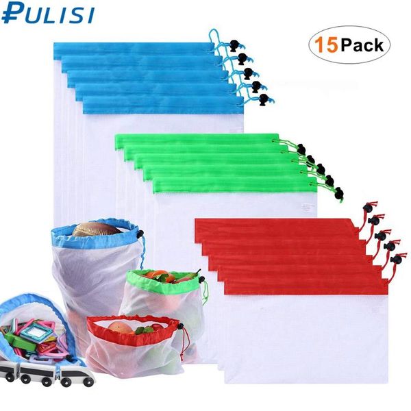 

15pcs reusable mesh produce bags safe mesh bags with drawstring for fruits vegetable toys grocery storage bag l m s